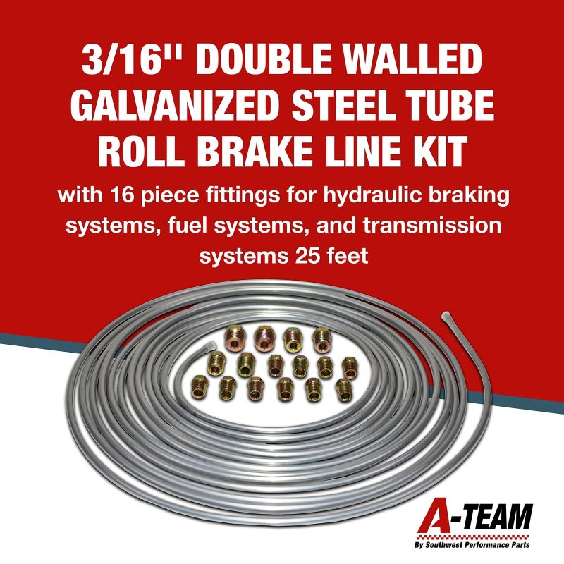 A-Team Performance 3/16 Double-Walled Galvanized Steel Brake Line Roll Kit - 25 ft, .028 in wall - Corrosion-Resistant Hydraulic Brake Line & Trailer Tubing - 16-Piece Fitting Set - Image 3
